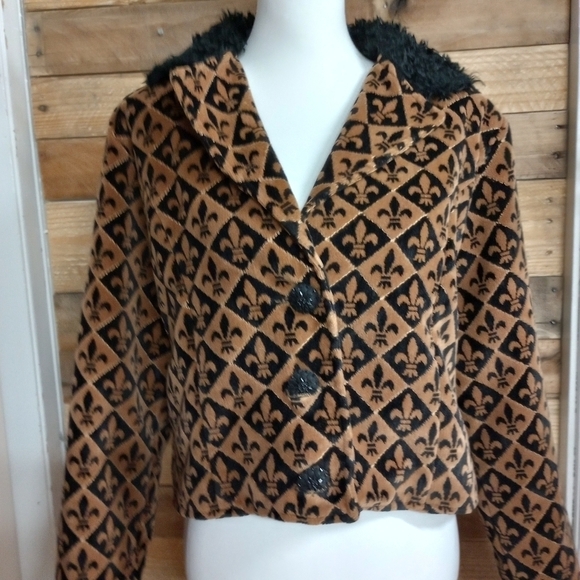 Painted Pony Vintage Tapestry Style Fleur-De-Lis Print Cropped Jacket Size Large - Picture 1 of 11